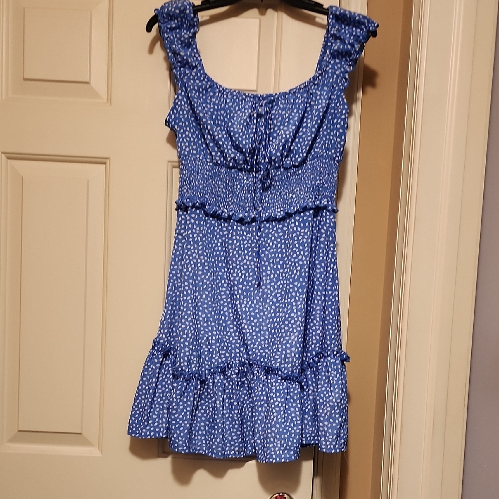 Source Unknown Blue And White Ruffle Mini Dress - image 1